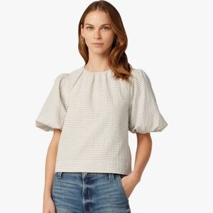 NWT Joe’s Jeans Lorraine Blouse, Tan/White Striped Seersucker Puff Sleeve, Small